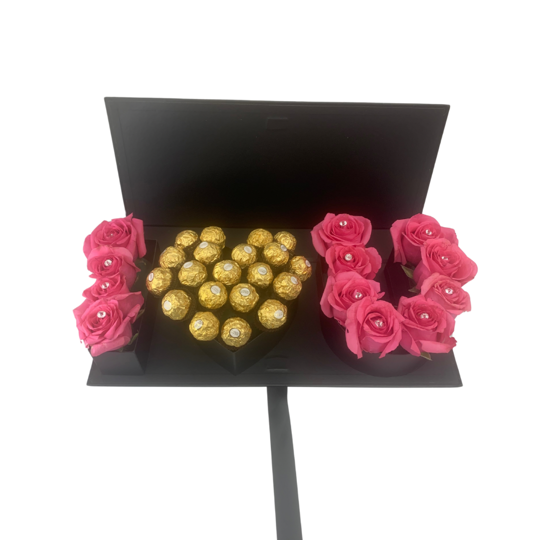 Dozen Plain Roses & 24 Ferrero Rocher in Black I Love You Rose Box