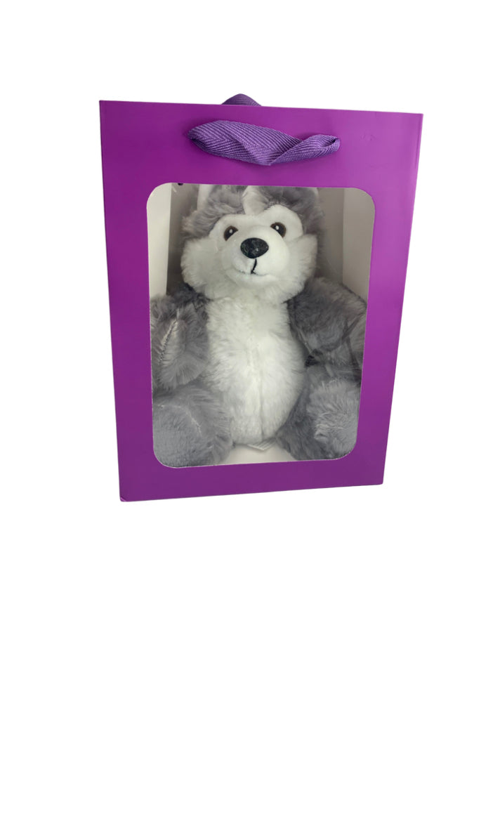 Gray & White Husky in PURPLE Transparent Gift Bag Je' La Diamond Luxe Gifts Stuffed Plush Animal