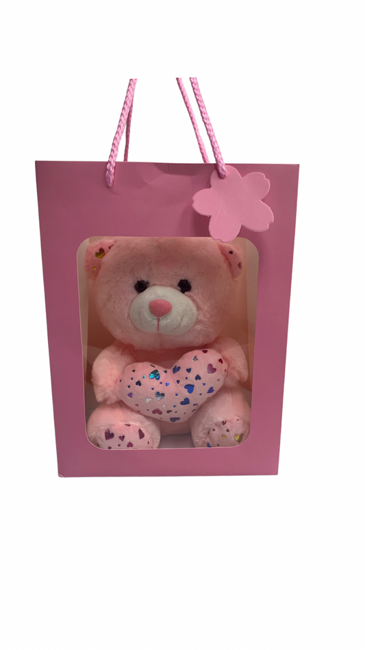 Pink Sparkle Bear in PINK Transparent Gift Bag Je' La Diamond Luxe Gifts Stuffed Push Animal