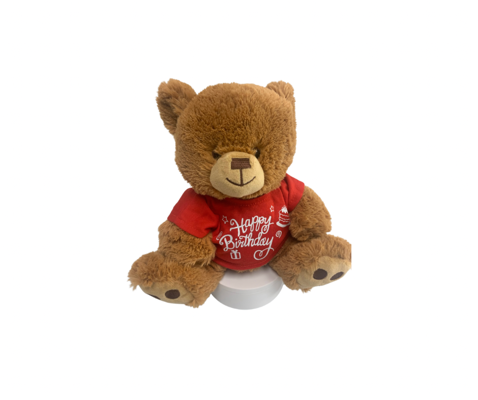 10 Inch Beige Happy Birthday Bear Wearing T-shirt