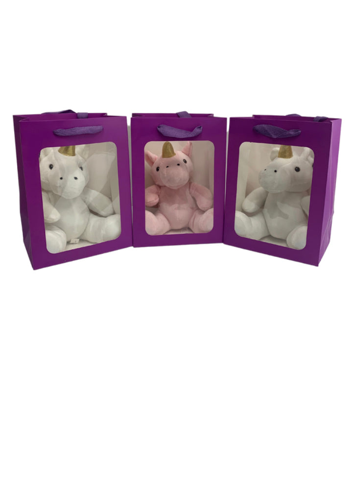 White Unicorn in PURPLE Transparent Gift Bag Je' La Diamond Luxe Gifts Stuffed Plush Animal