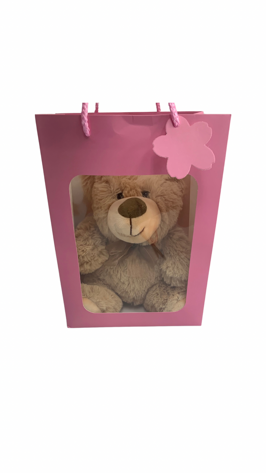 Biege Bear in PINK Transparent Gift Bag Je' La Diamond Luxe Gifts Stuffed Push Animal