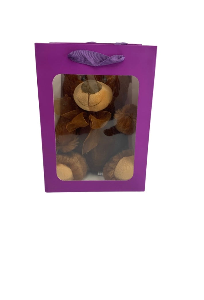 Brown Bear in PURPLE Transparent Gift Bag Je' La Diamond Luxe Gifts Stuffed Push Animal