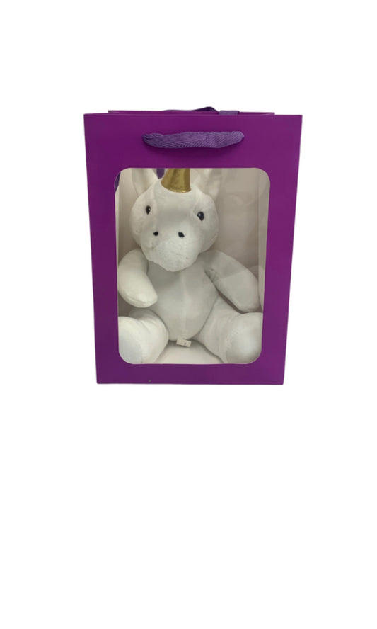 White Unicorn in PURPLE Transparent Gift Bag Je' La Diamond Luxe Gifts Stuffed Plush Animal