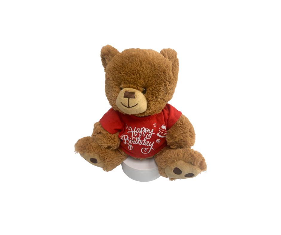 10 Inch Beige Happy Birthday Bear Wearing T-shirt