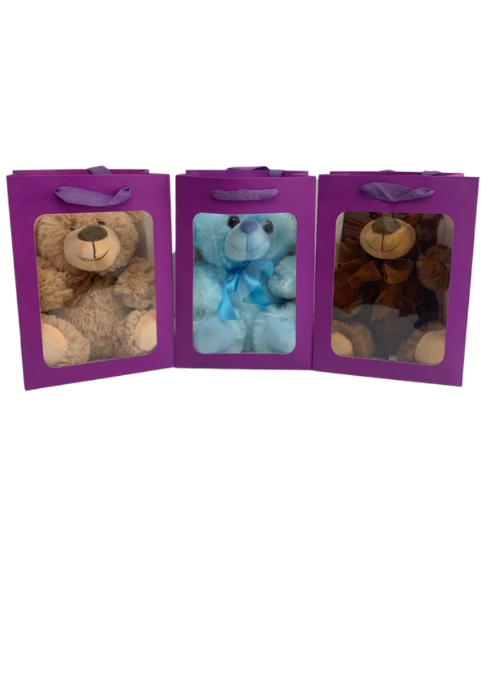 Biege Bear in PURPLE Transparent Gift Bag Je' La Diamond Luxe Gifts Stuffed Push Animal