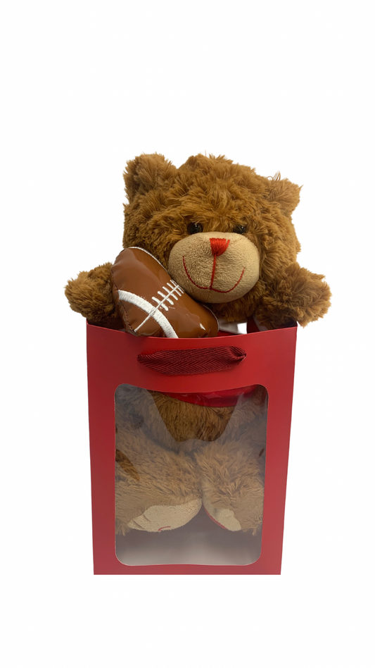 Football Bear Red T-Shirt in Red Transparent Gift Bag Je' La Diamond Luxe Gifts Stuffed Push Animal