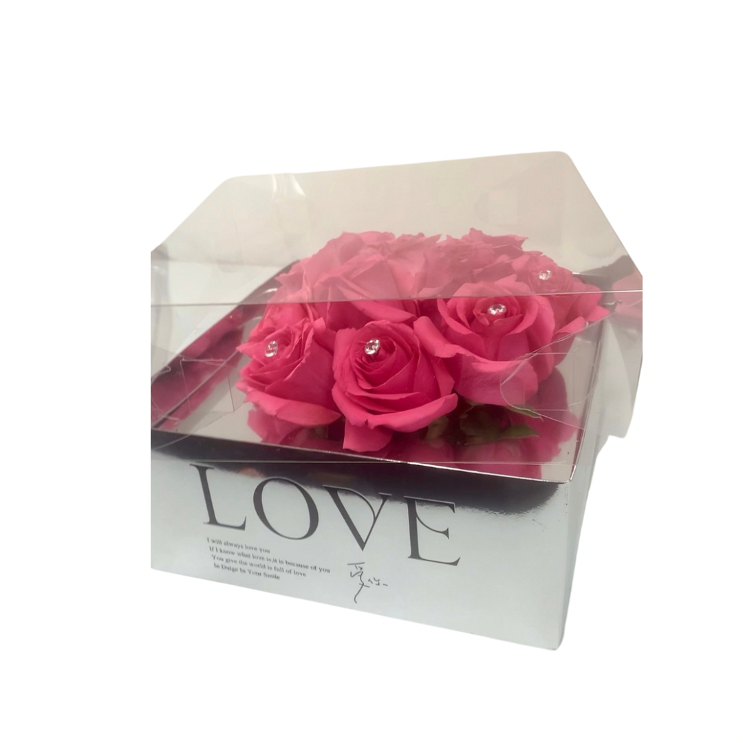 Dozen Roses Heart Shape in Silver Mirror Box