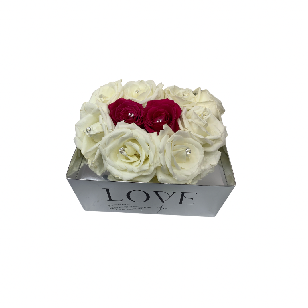 25 Diamond Luxe Roses Heart Shape in Silver Mirror Box