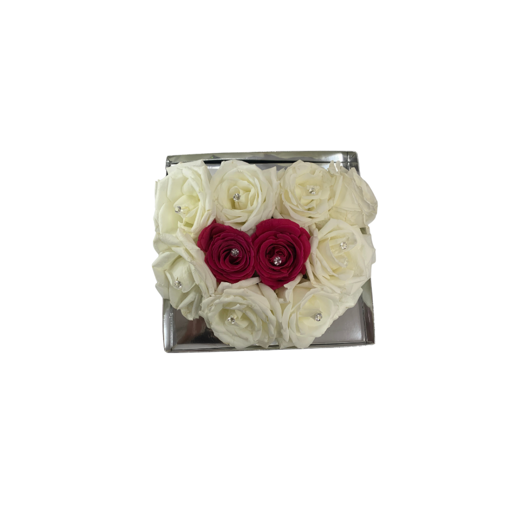 25 Diamond Luxe Roses Heart Shape in Silver Mirror Box