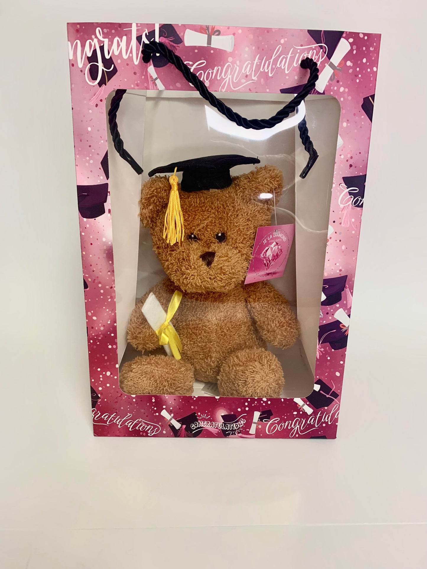 Brown Graduation Bear in Pink Graduation Gift Bag